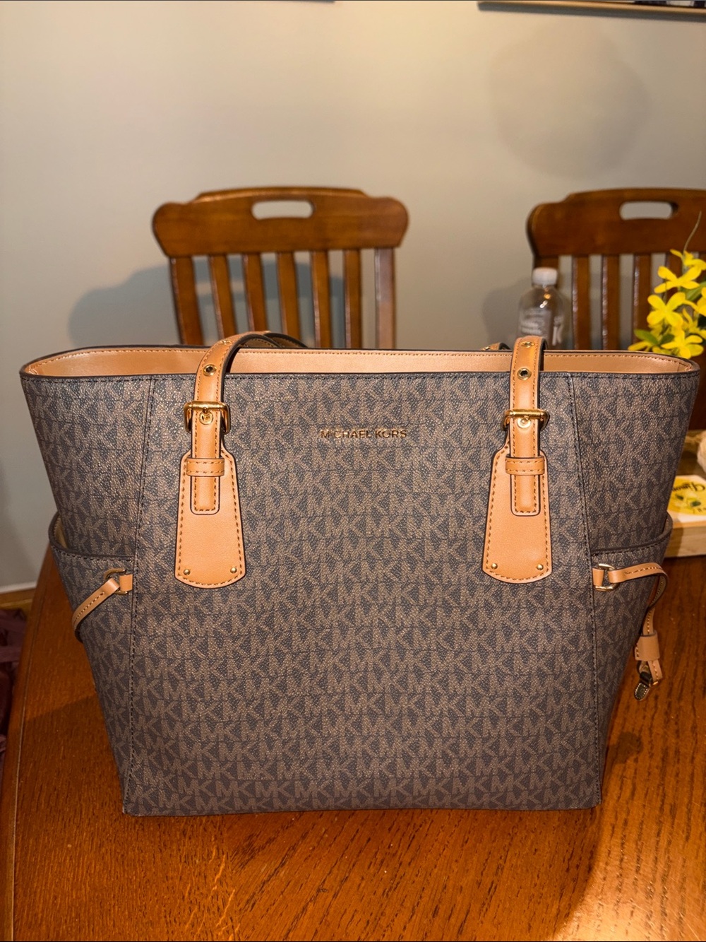 Michael Kors Brown Signature Tote with Tan Leather Trim